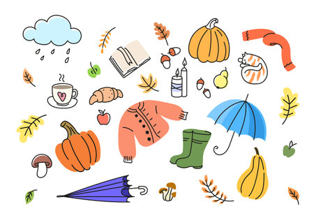 Autumn elements in a doodle style set. Set of fall leaves, pumpkins, candles, coffee, croissant, sweaterのイラスト素材