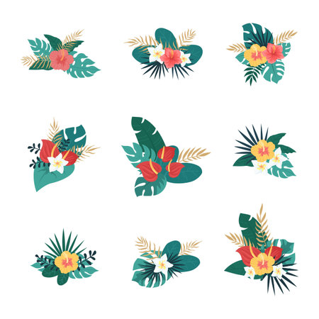 Tropical bouquets set. 9 different bouquets with tropical plants and flowers. Design for postcards, wedding invitationsのイラスト素材