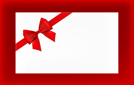 Postcard with red ribbon and bow on the corner. Mockup with empty space. Frame with bowのイラスト素材