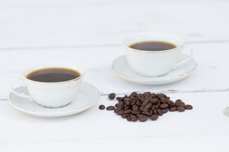 Coffe set, cup, beans, sugar, kettle in white environment  white background  Isolated  Tea time  Sample text  Expressoの写真素材
