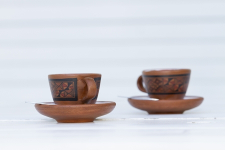 Coffe set, cup, beans, sugar, kettle in white environment  white background  Isolated  Tea time  Sample text  Expresso の写真素材