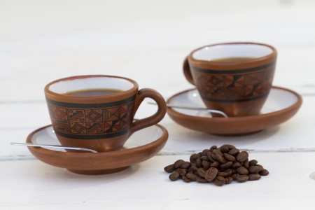 Coffe set, cup, beans, sugar, kettle in white environment  white background  Isolated  Tea time  Sample text  Expresso の写真素材