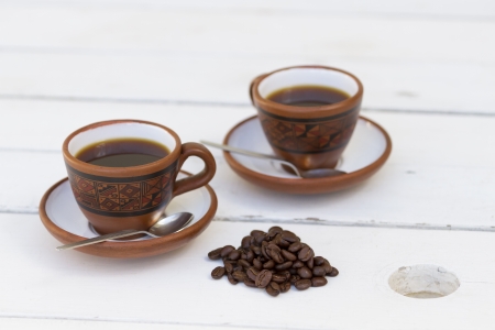 Coffe set, cup, beans, sugar, kettle in white environment  white background  Isolated  Tea time  Sample text  Expresso の写真素材