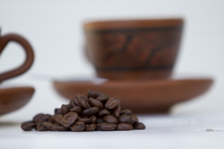 Coffe set, cup, beans, sugar, kettle in white environment  white background  Isolated  Tea time  Sample text  Expresso の写真素材