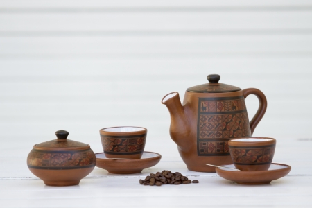 Coffe set, cup, beans, sugar, kettle in white environment  white background  Isolated  Tea time  Sample text  Expresso の写真素材