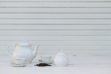 Coffe set, cup, beans, sugar, kettle in white environment  white background  Isolated  Tea time  Sample text  Expresso の写真素材