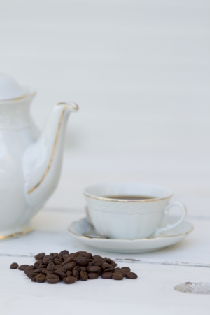 Coffe set, cup, beans, sugar, kettle in white environment  white background  Isolated  Tea time  Sample text  Expresso の写真素材