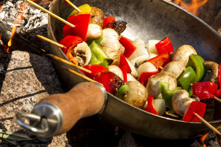 Brochette with red and green peppers, onion, chicken, mushroom on the fire の写真素材