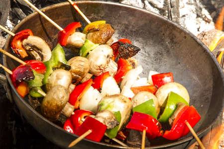 Brochette with red and green peppers, onion, chicken, mushroom on the fire の写真素材