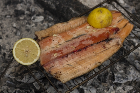Trout with lemon on the fire on a campingの写真素材