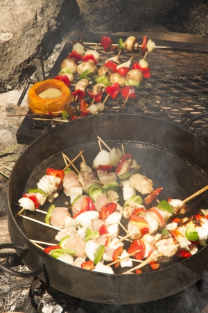 Brochette with red and green peppers, onion, chicken, mushroom on the fire の写真素材