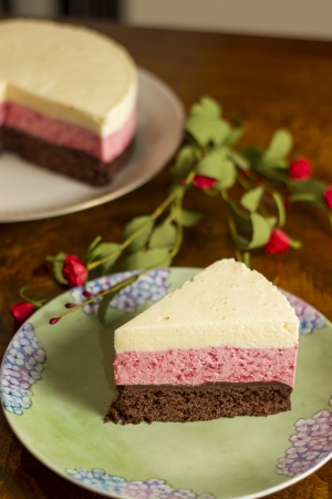 Chocolate mousse cake and strawberries with remaining cake backgroundの写真素材