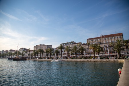 Harbor of Split in Croatia. Old city, ocean and palms.の写真素材