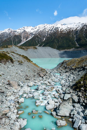 Flowing out of the glacier lake the turquoise glacier river flows under the suspension bridge. Snow...