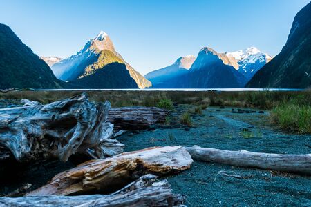 The sun just climbs over the mountain peaks in cloudless Milford Sound. The warm lights illuminate the snow capped mountain peaks. A waterfall lands in the fjord with rainforests covering the edges.の写真素材