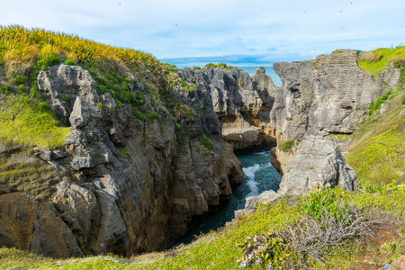 The pancake rocks on New Zealand's west coast are an interesting rock formation right next to the sea. Low coastal vegetation is followed by temperate rainforests in the distance.の写真素材