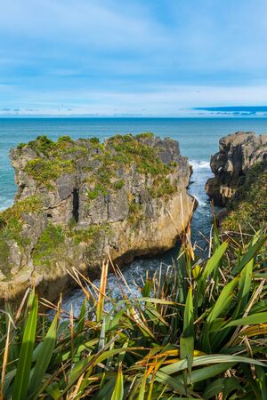The pancake rocks on New Zealand's west coast are an interesting rock formation right next to the sea. Low coastal vegetation is followed by temperate rainforests in the distance.の写真素材