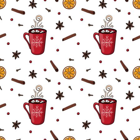 Seamless Christmas pattern with mug with hot drink, marshmallow, badian, cinnamon, cloves, orange. Endless texture for scrapbook or wrapping paper. New year vector pattern on white background.のイラスト素材