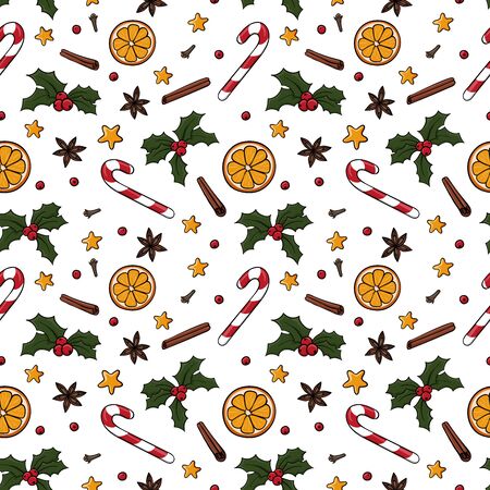 Seamless Christmas pattern with candy, orange, star, holly berries, badian, cinnamon, cloves. Endless texture for textile, scrapbook or wrapping paper. New year vector pattern. White background.のイラスト素材