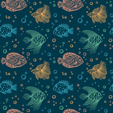 Seamless pattern of color fish with bubbles on blue background. Childrens vector outline endless fish pattern. For wrapping paper, box,scrapbooking, background, textile. For market, aquariumのイラスト素材
