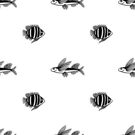 Seamless outline pattern of fish.Vector endless pattern. Fish pattern on white background. Design for fish market, shop, restaurant. For wrapping paper, box,scrapbooking, backgroundのイラスト素材