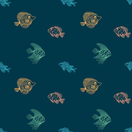 Seamless pattern of color fish on dark blue background. Childrens vector outline endless fish pattern. For wrapping paper, box,scrapbooking, background, textile. For market, aquariumのイラスト素材