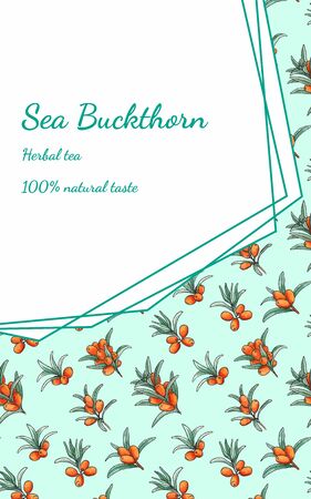 Label with watercolor sea buckthorn. Brending for herbal tea, natural cream, cosmetic, jam. Template with watercolor berry. Flyer,packaging.の写真素材