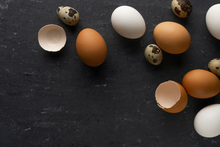 Quail eggs, white and brown chicken eggs, eggshell flat lay