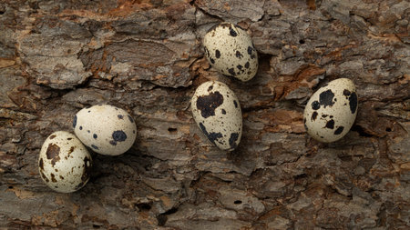 Five quail eggs on tree bark flat lay