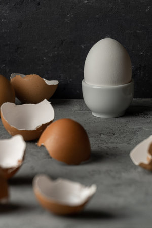 A white egg in egg cup and brown eggshell in the foreground. Black background