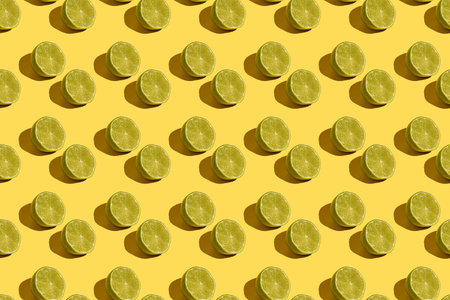 Lime halves on a yellow background with hard shadows, colorful bright pattern.