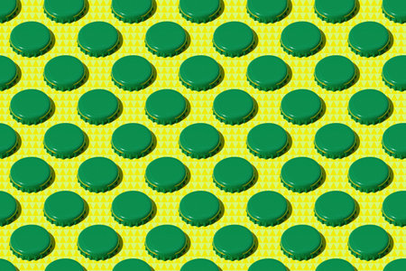 Colorful pattern: many green metal bottle caps on yellow background, close-up