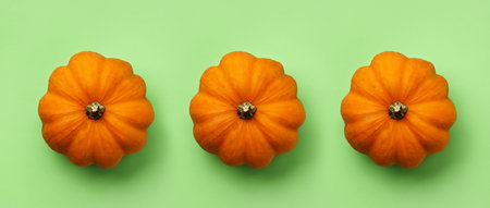 Three orange pumpkins in a row on a green background, still life flat lay.