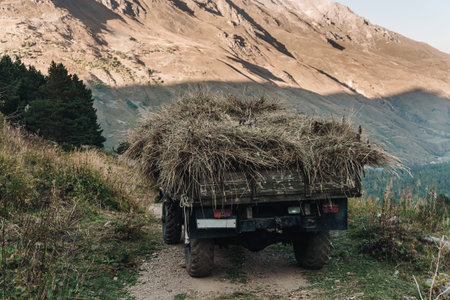 Old truck with hay in the mountains. North Caucasus, Russiaの写真素材