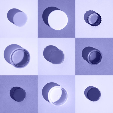 Nine very peri bottle caps, metal and plastic, monochrome pattern
