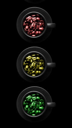 Multicolor coffee beans in three black cups and saucers on a black surface.の写真素材