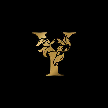 Golden Luxury Y Letter Initial Logo Icon, Monogram Ornate Nature Floral Leaf Letter Logo Template Design.のイラスト素材