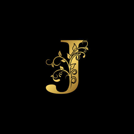 Golden Initial Letter J Logo Icon, Botanical Nature Leaf Vector Logo Template Design.のイラスト素材