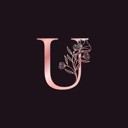 Gold Rose Flower Letter U Luxury Logo. Elegant alphabet monogram nature floral ornate initial letter vector design.のイラスト素材