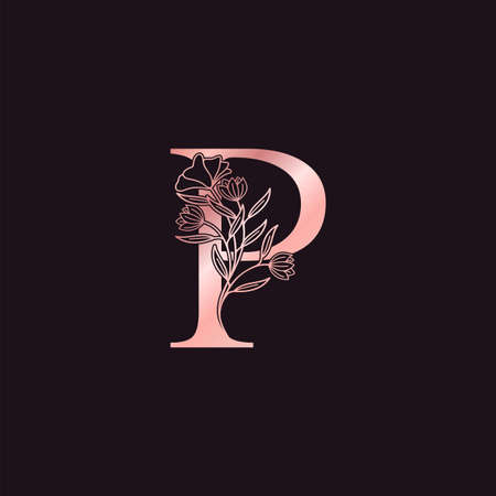 Gold Rose Flower Letter P Luxury Logo. Elegant alphabet monogram nature floral ornate initial letter vector design.のイラスト素材