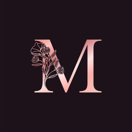 Gold Rose Flower Letter M Luxury Logo. Elegant alphabet monogram nature floral ornate initial letter vector design.のイラスト素材