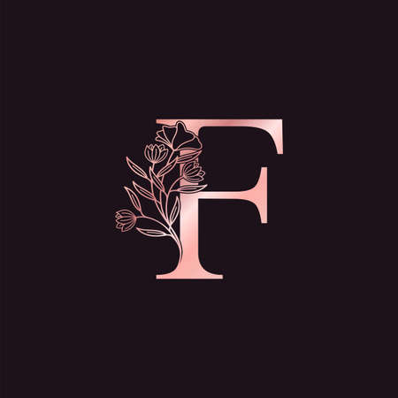 Gold Rose Flower Letter F Luxury Logo. Elegant alphabet monogram nature floral ornate initial letter vector design.のイラスト素材