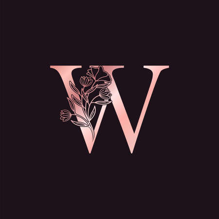 Gold Rose Flower Letter W Luxury Logo. Elegant alphabet monogram nature floral ornate initial letter vector design.のイラスト素材
