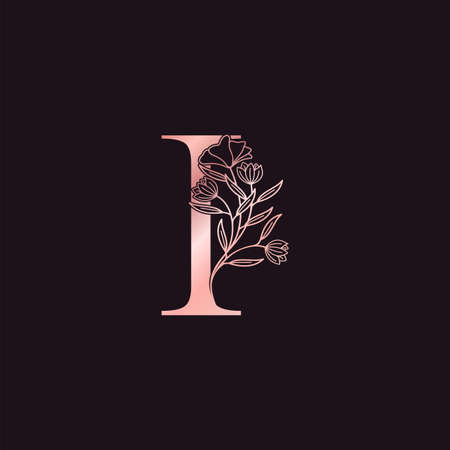 Gold Rose Flower Letter I Luxury Logo. Elegant alphabet monogram nature floral ornate initial letter vector design.のイラスト素材
