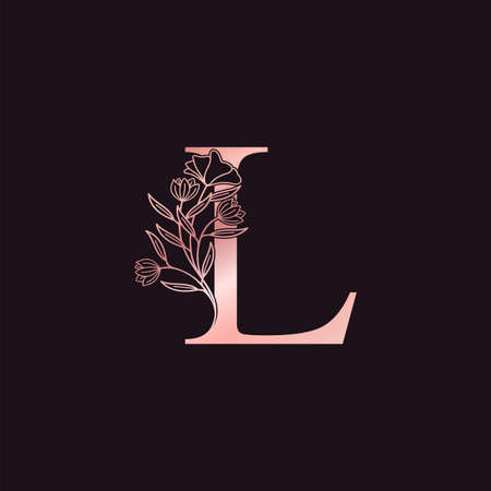 Gold Rose Flower Letter L Luxury Logo. Elegant alphabet monogram nature floral ornate initial letter vector design.のイラスト素材