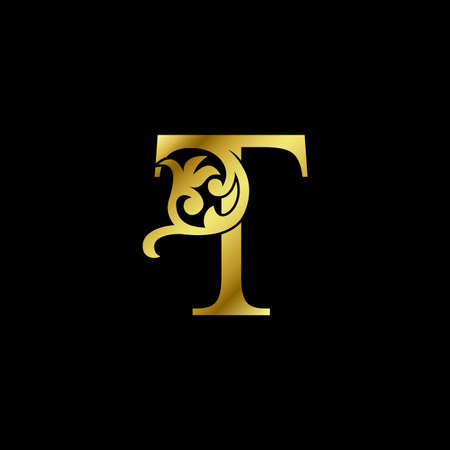 Gold Luxury Letter T Ornament Logo. Alphabet monogram gold floral deco ornate initial letter vector design.のイラスト素材