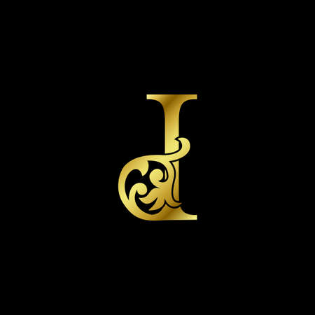 Gold Luxury Letter I Ornament Logo. Alphabet monogram gold floral deco ornate initial letter vector design.のイラスト素材
