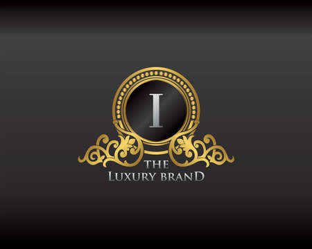 Gold Luxury Brand Letter I Elegant Logo Badge. Golden Letter Initial Crest, Wreath and Crown Monogram Design Vector Illustration.のイラスト素材