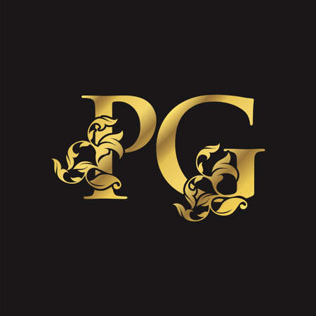 Gold Ornate Luxury Floral P and G, PG Letter Initial Logo Icon, Monogram Nature Floral Leaf Logo Design.のイラスト素材