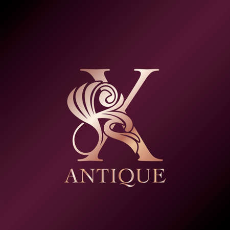 Antique Letter X Initial Logo Elegance Gold Rose Luxury Ornate Deco Swirl Shape Template Design.のイラスト素材